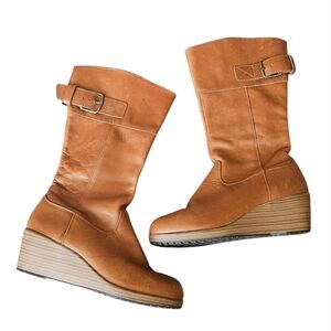 Crocs Womens A-Leigh Brown Leather Wedge Heel Mid Calf Riding Boots 14783 Size 8